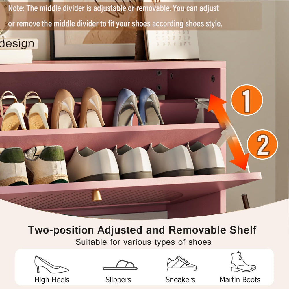 Fsbecl Shoe Storage Cabinet for Entryway with 2 Fluted Flip Drawers, Pink