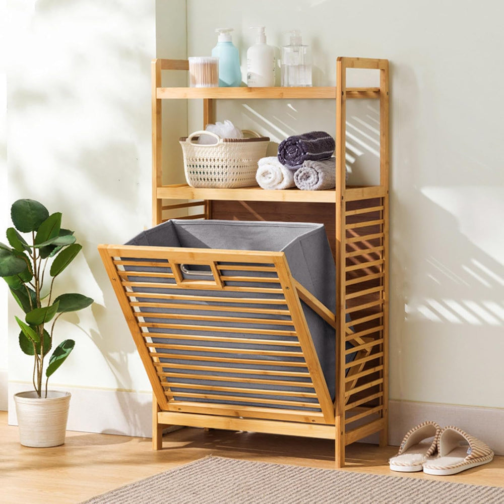 3-Tier Bamboo Tilt Out Laundry Basket,Floor Standing Laundry Hamper with Remo...