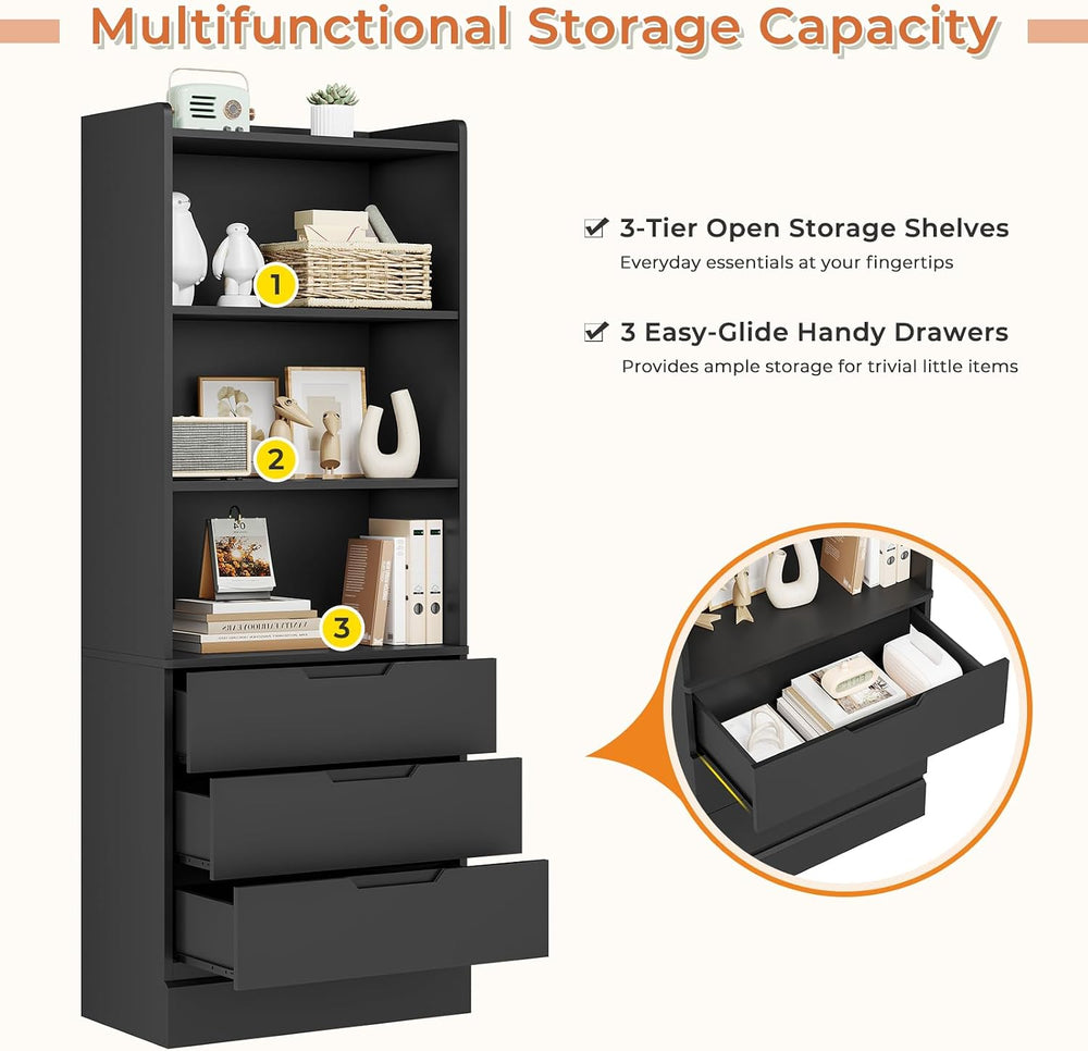 DICTAC Bookcase with 3 Drawers and Shelves 73.23'' Tall Bookshelf wit...