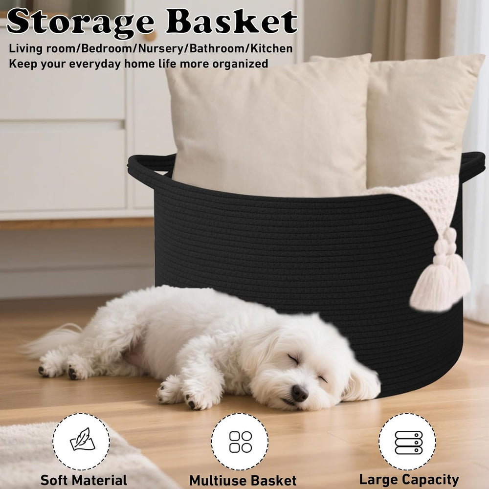 115L Extra Large Blanket Basket,Woven Rope Laundry Basket-Black