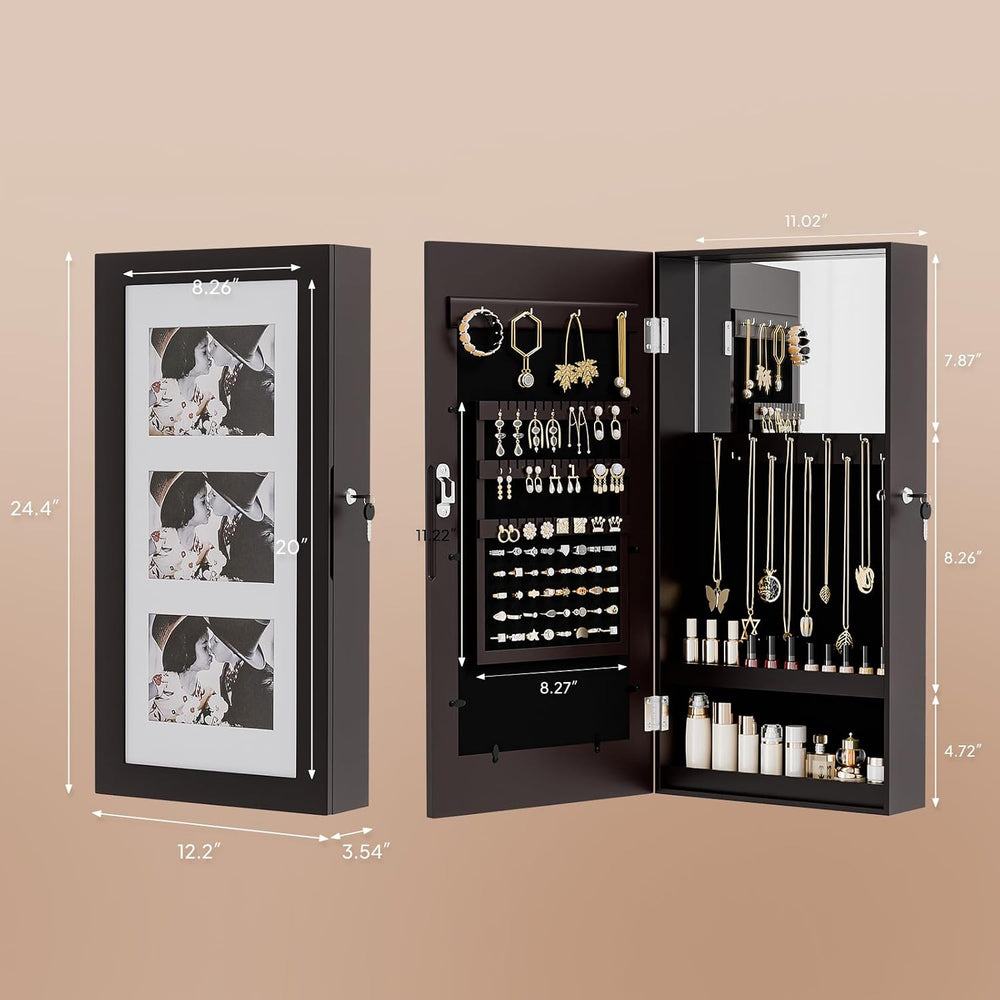 VINGLI Brown Wall-Mounted Jewelry Organizer for Women, 3-in-1 Photo Frame, Mi...