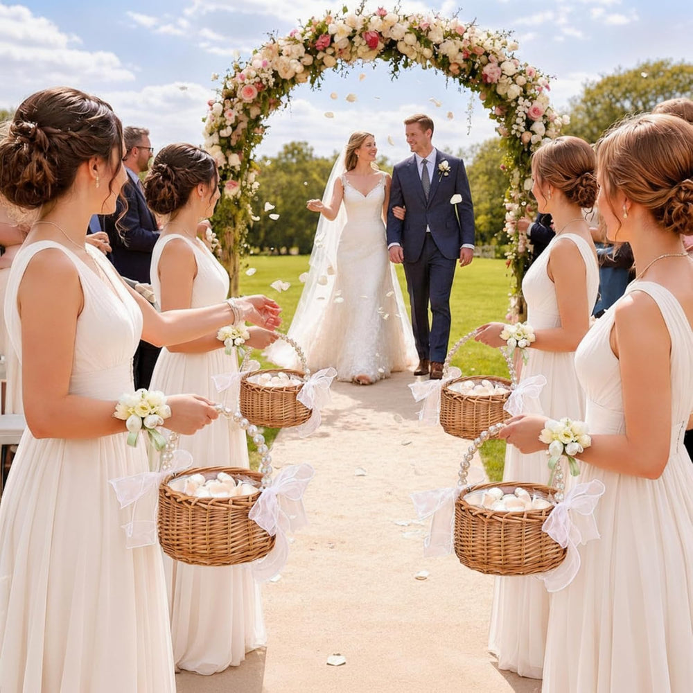 Thyle 4 Sets Wicker Rattan Flower Girl Basket with Wrist Corsage, Champagne