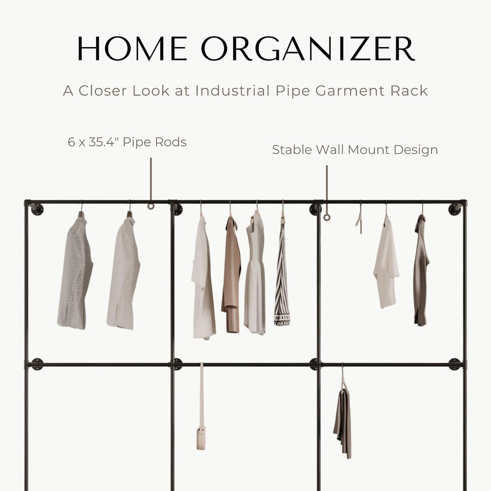 Industrial Pipe Clothing Rack, Wall Mounted Clothes Rack, 110", 6 Rods