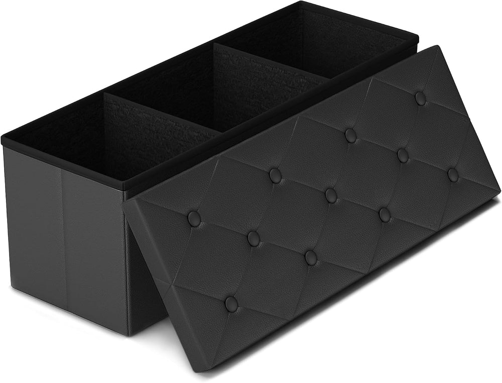 GLAXYFUR 43" Storage Ottoman Bench, Folding Ottoman with 2 Dividers, Black