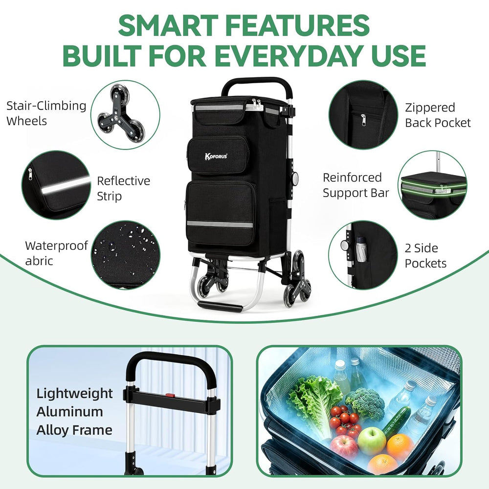 Stair Climbing Shopping Grocery Cart - 55L Total Storage, Black