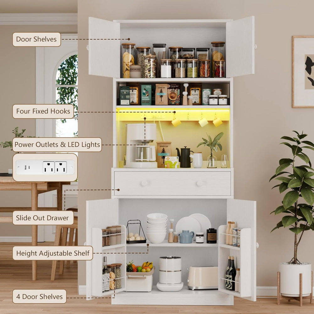 71" Tall Kitchen Pantry Cabinet with Microwave Countertop, LED Lights White