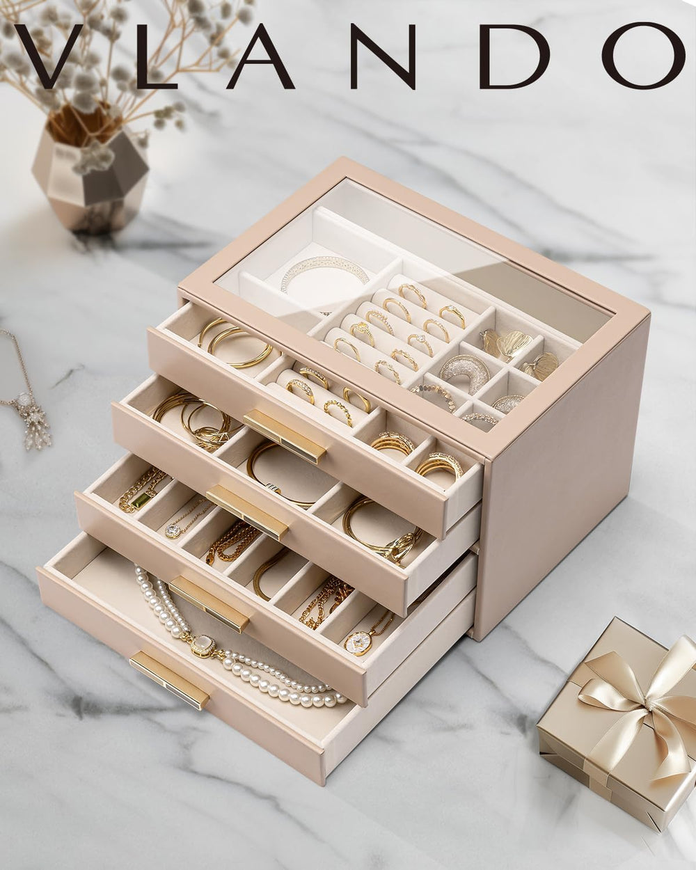 VLANDO Jewelry Box Organizer, 7-Layer Storage Drawers, Glass Window, Modern