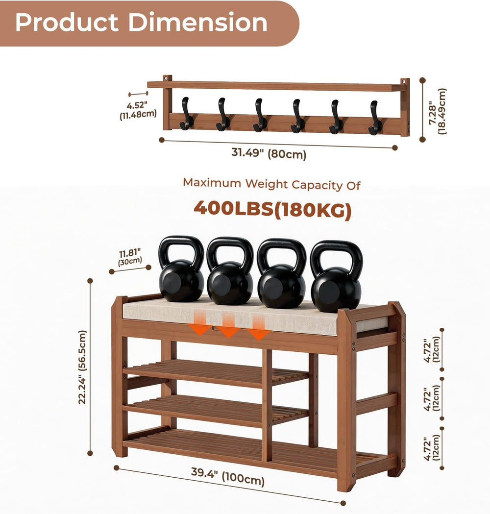 39.4" Shoe Rack Bench with Coat Rack, 3-Tier Entryway Storage Bench
