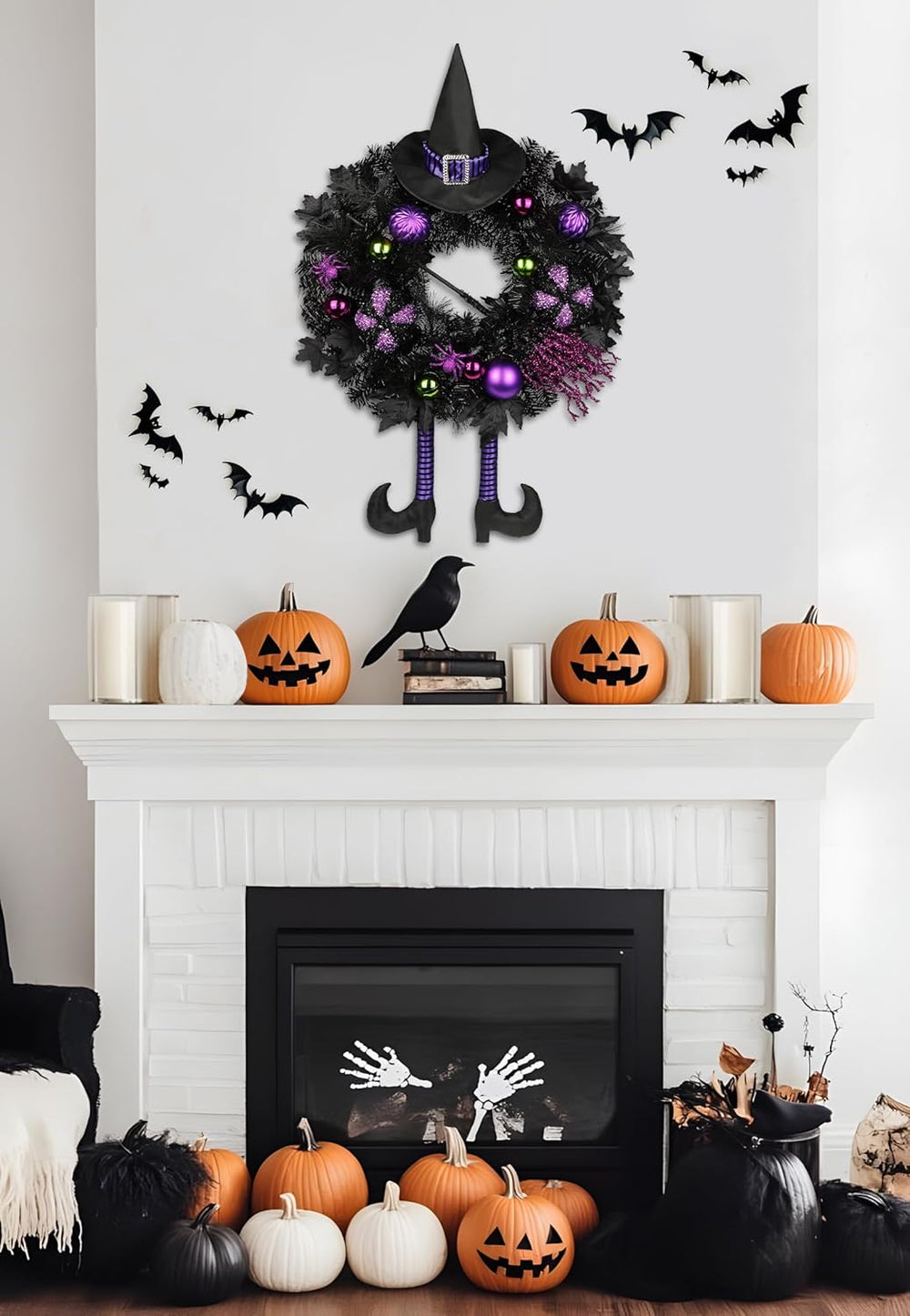 Halloween Wreath for Front Door 26" Tinsel Black Witch Wreath with Hat L...