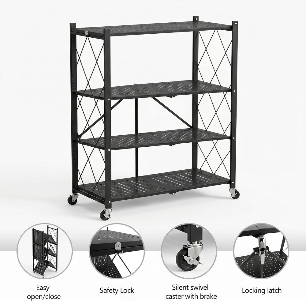 4-Tier Foldable Storage Shelves with Wheels (Black)