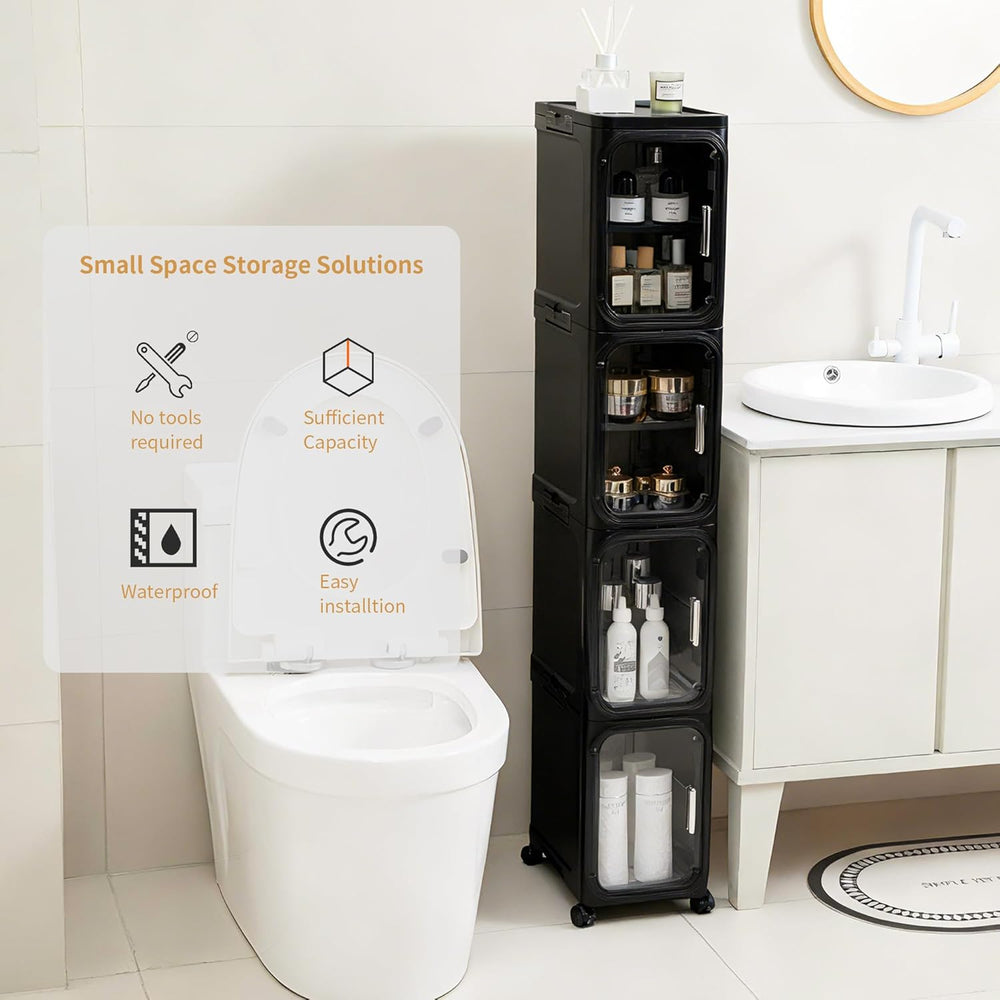 2-Tier Narrow Slim Bathroom Storage Cabinet with Wheels, Black