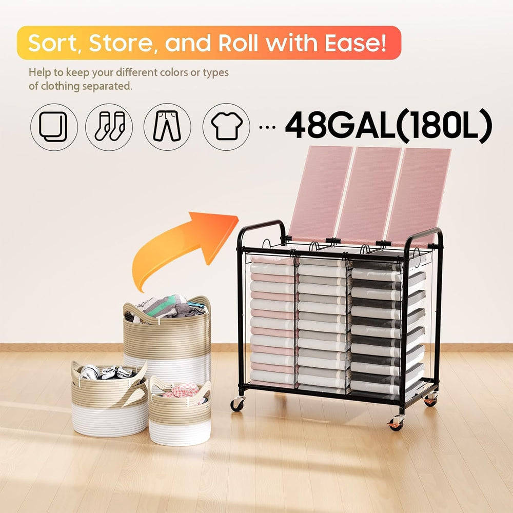 180L Laundry Sorter 3 Section, Rolling Laundry Basket with Wheels and Lid