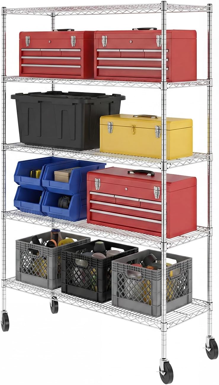 SafeRacks NSF 5-Tier Heavy Duty Wire Shelving Unit w/Wheels, 18"x48&quot...