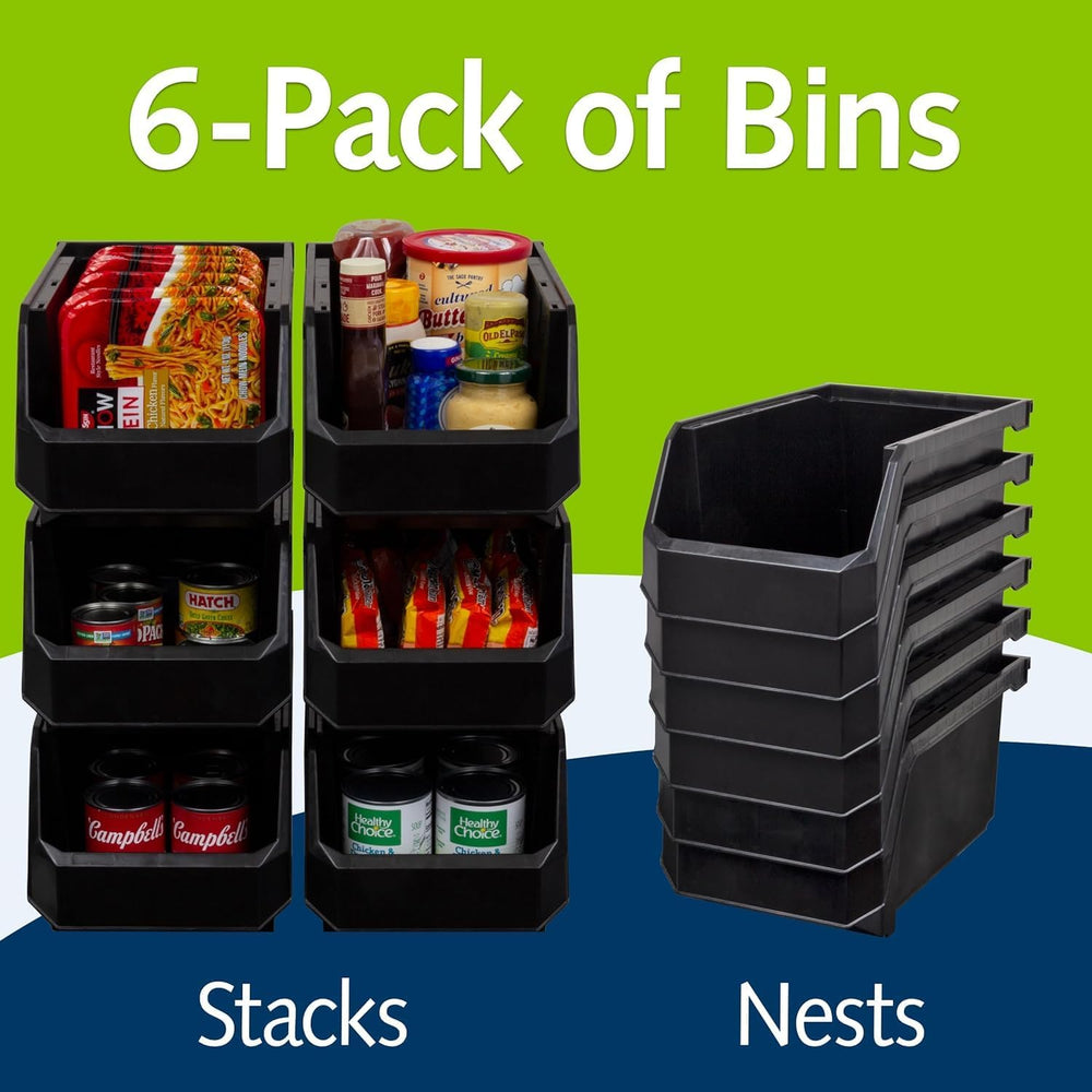 Large Stackable Plastic Storage Bins, 6-Pack, Black