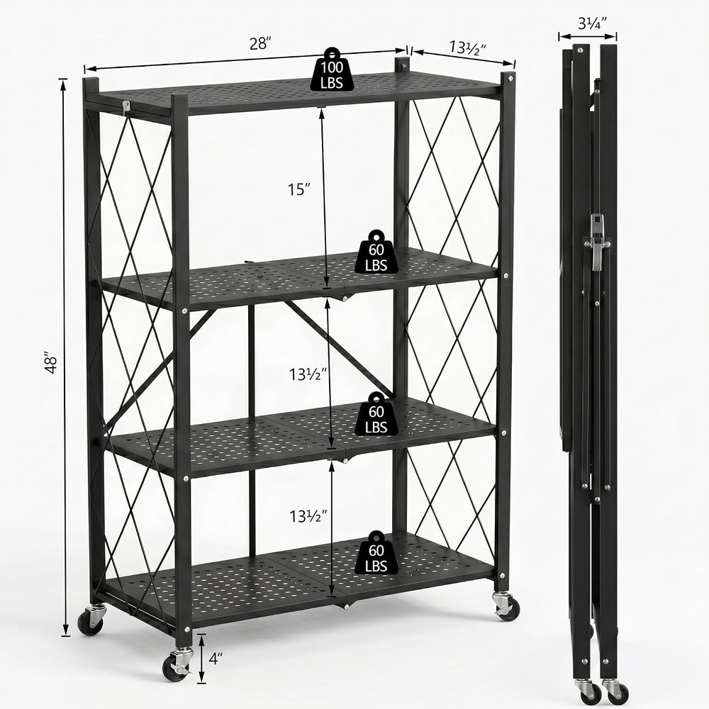 4-Tier Foldable Storage Shelves with Wheels (Black)