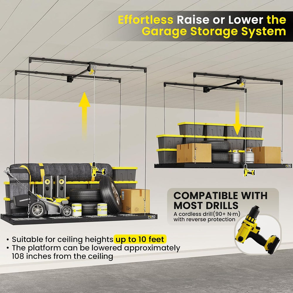 FERO Overhead Garage Storage Rack 4x8, 500 lb Heavy-Duty Capacity