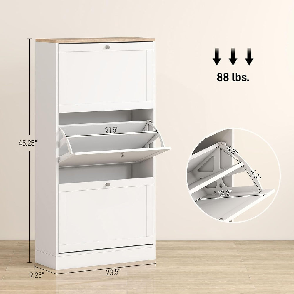 HOMCOM Shoe Storage Cabinet with 3 Flip Drawers, Adjustable Shelves, White