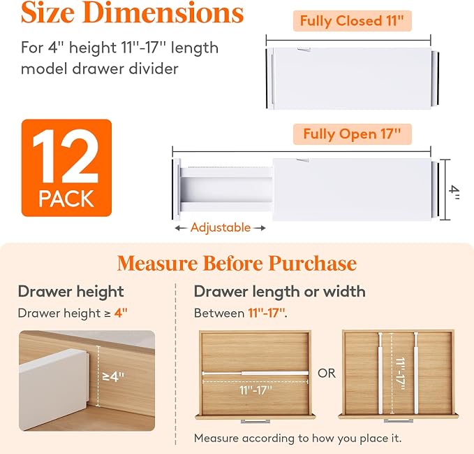 Lifewit 12 Pack Drawer Dividers 4" High, 11-17" Adjustable Dresser ...