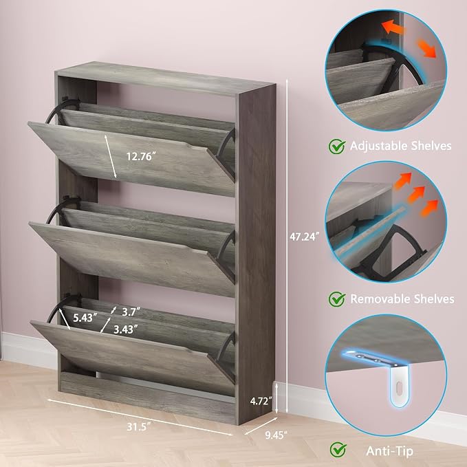Shoe Cabinet with 3 Flip Drawers, Hidden Wood Shoe Cabinet, Freestanding Shoe