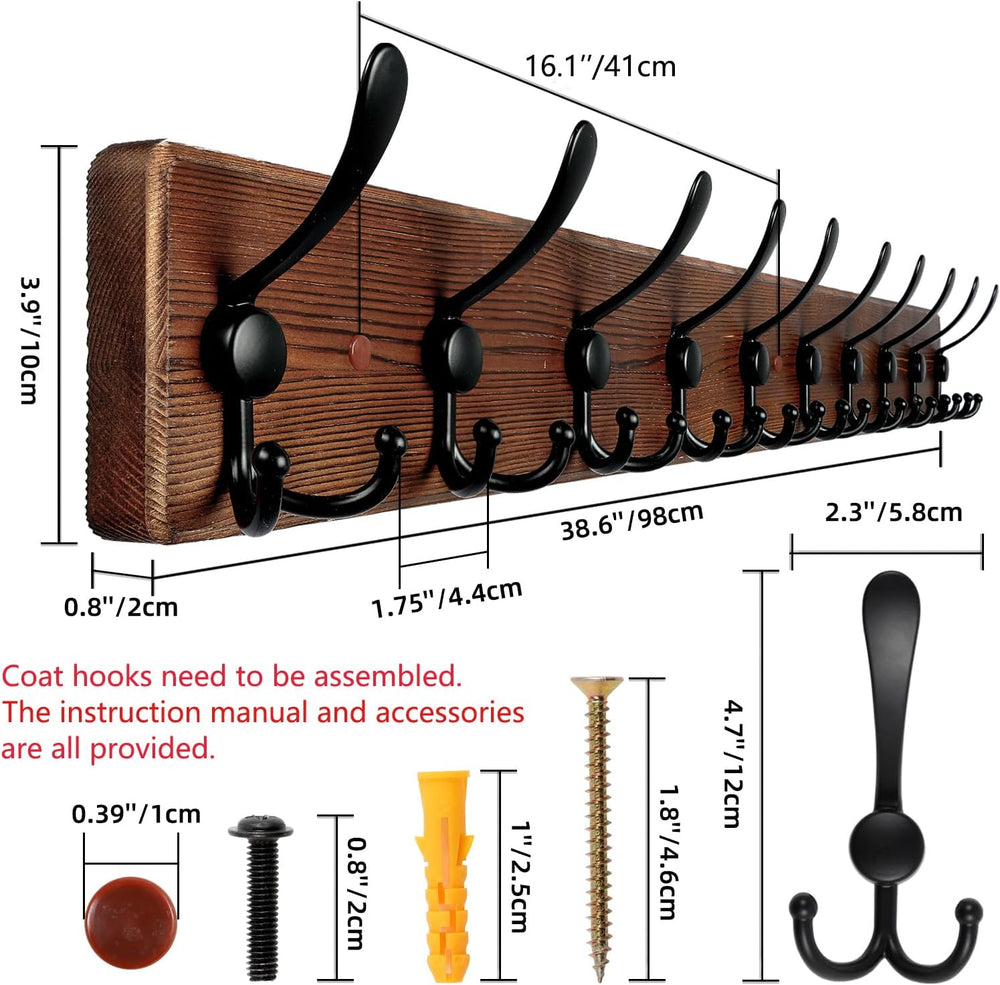 Large Coat Rack Wall Mount 38.6'' Rustic Wood Coat Rack Hook Long Coa...