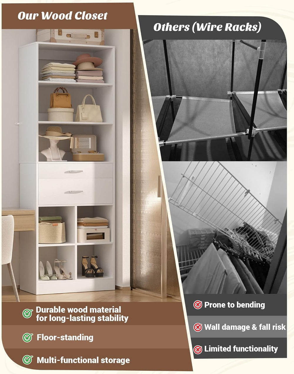 Besiost 22" Closet System with Drawers, Small Closet Organizer for Walk ...