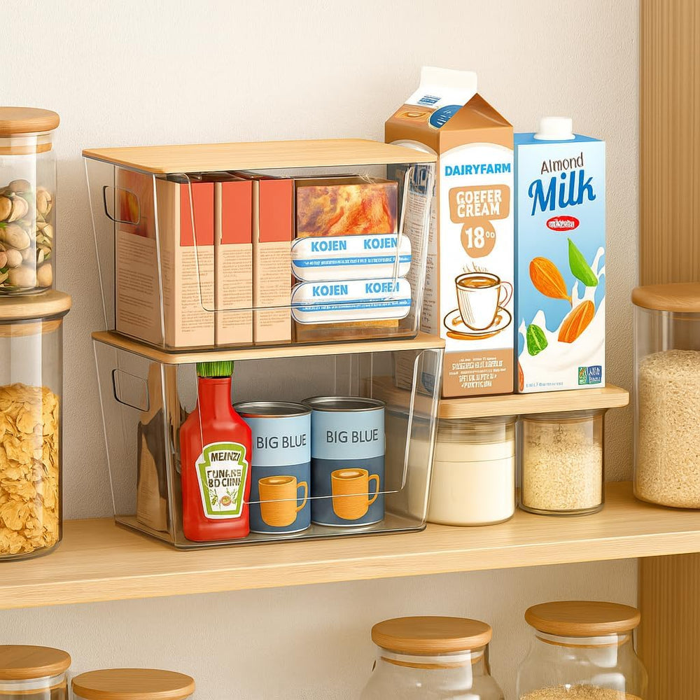 6 Pack Clear Stackable Storage Bins with Bamboo Lids, Trash Bag Holder Dispen...
