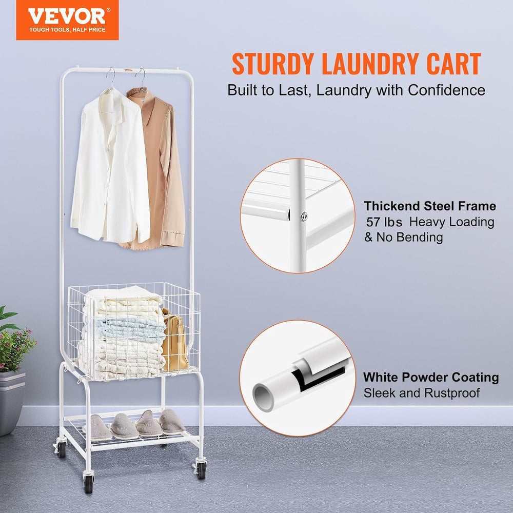 VEVOR Metal Rolling Laundry Basket with Hanging Garment Rack, Laundry Hamper ...