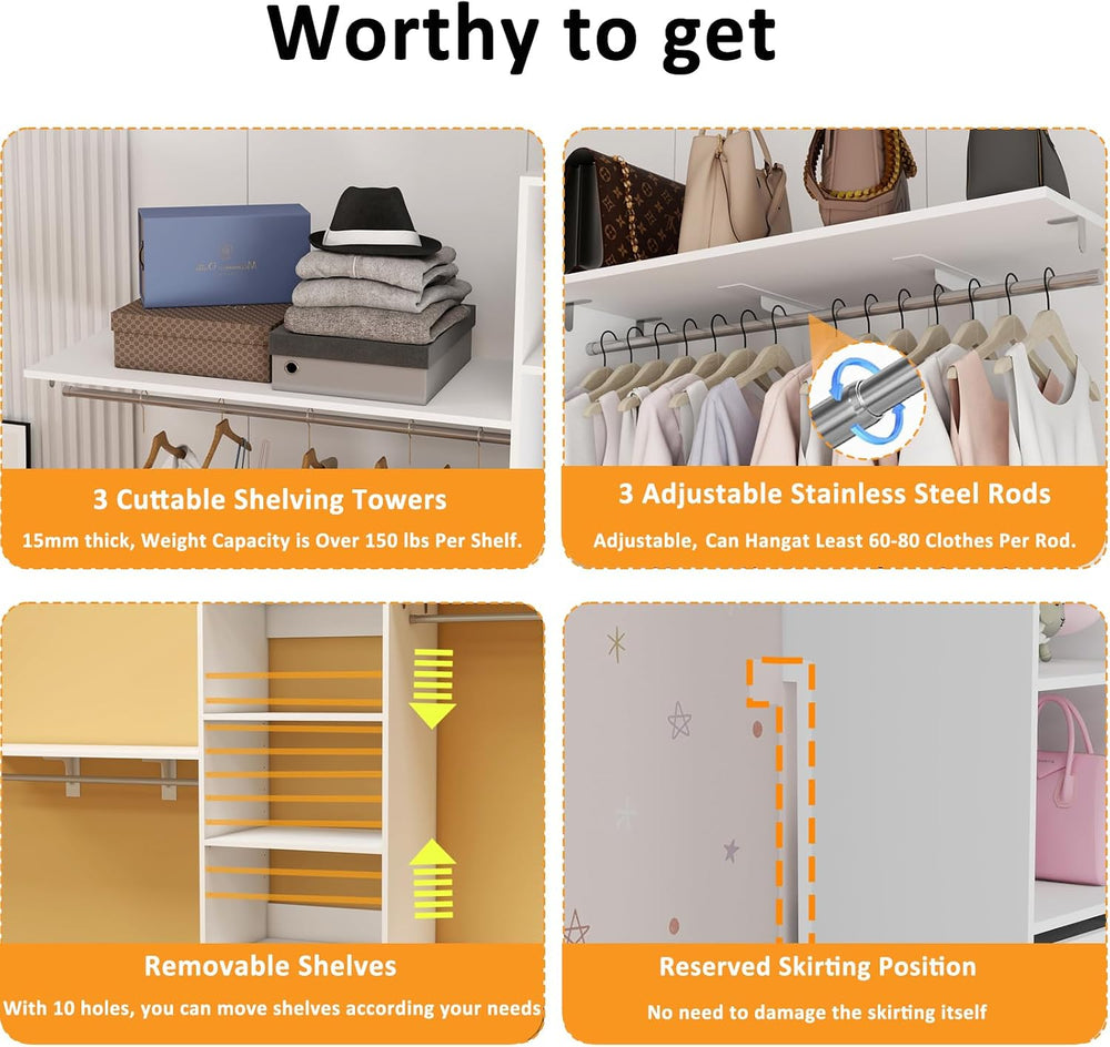 Closet System with Drawers, 5-8FT Closet Organizer Systems with Expandable Ha...