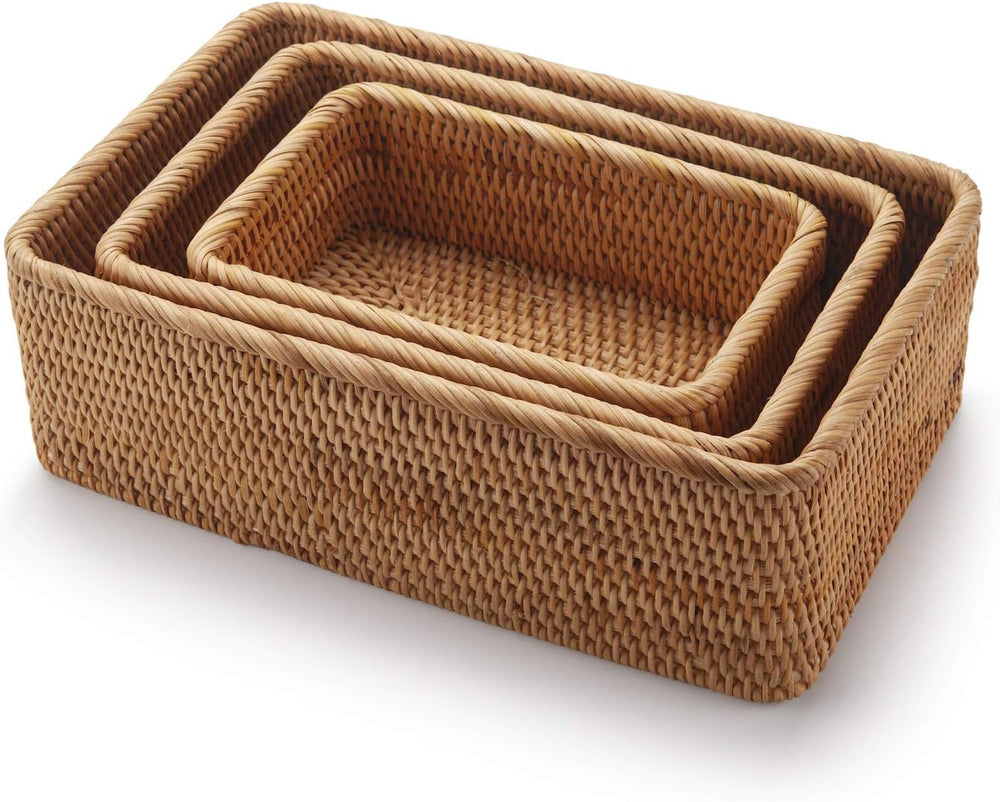 Natural Rattan Fruit Storage Baskets Rectangular Woven Wicker Box for Key Hol...