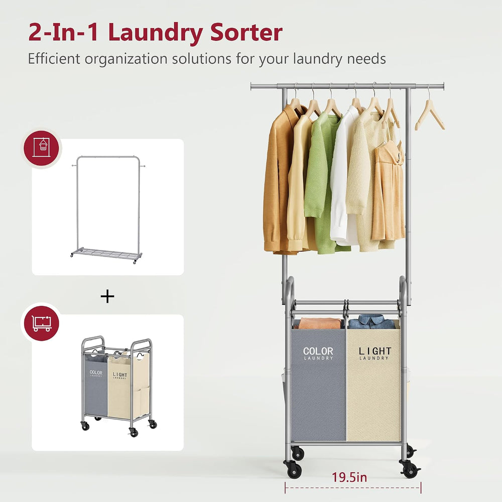 Tajsoon 2 Section Laundry Sorter Hamper with Hanging Rack, Beige & Gray