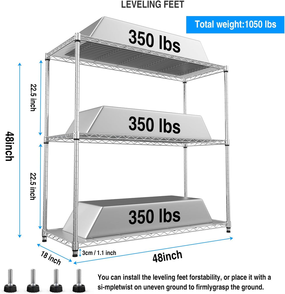 3 Tier NSF Metal Shelf Wire Shelving Unit, 1050lbs Capacity Heavy Duty Adjust...