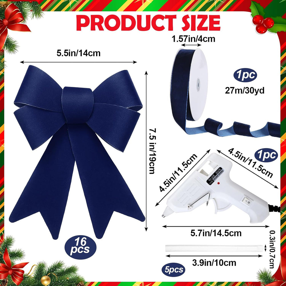 16pcs Blue Christmas Velvet Cabinet Bows for Kitchen
