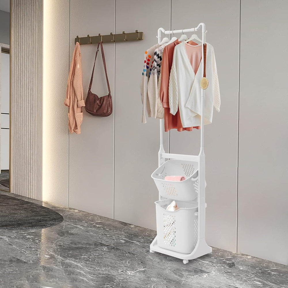 Rolling Laundry Hamper Cart with Wheels and Hanging Bar, 2 Tier Rolling Laund...