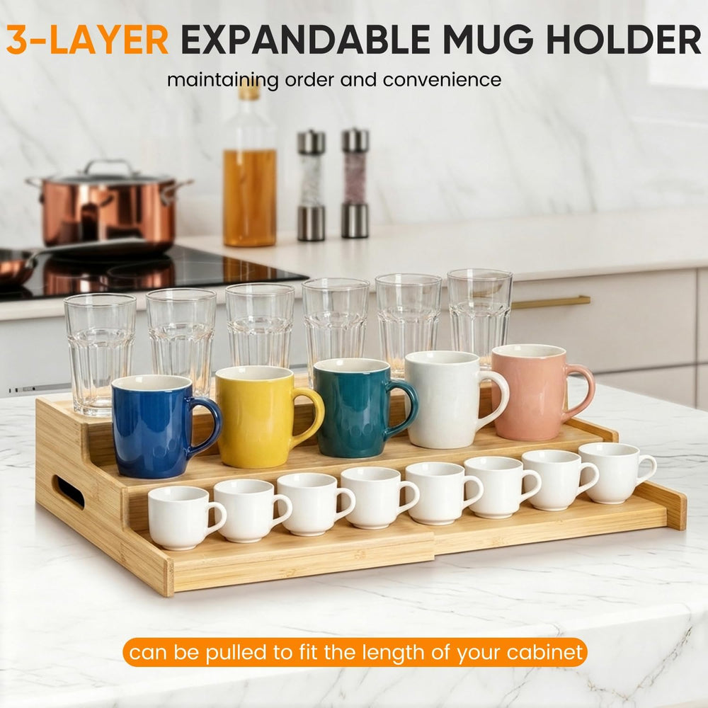 3-Tier Expandable Bamboo Mug Holder, Countertop Coffee Cup Rack, Mug Organize...