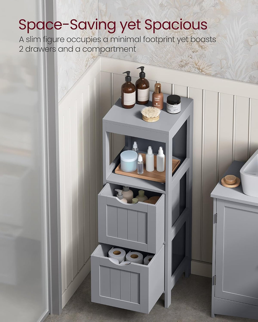 VASAGLE Bathroom Floor Cabinet, 2 Drawers, 35" H, Dove Gray