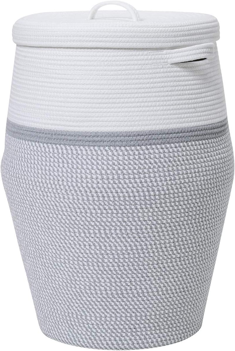 26"x20" Extra Large Tall Woven Laundry Basket with Lid, Cotton Rope...