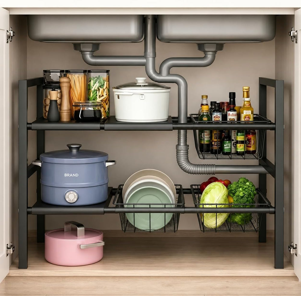 Expandable Under Sink Organizer, 2 Tier Under Sink Shelf, Height Adjustment, ...