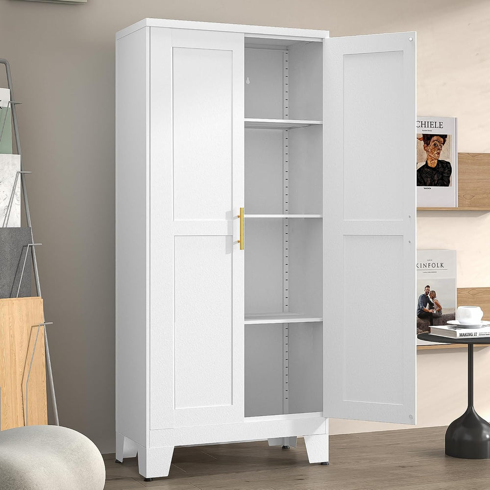 winiowa White Metal Kitchen Pantry Storage Cabinet with Doors and Shelves