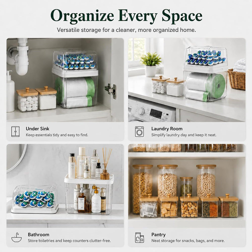 Trash Bag Holder & Dishwasher Pod Dispenser with 2 Bamboo Lid Storage Con...