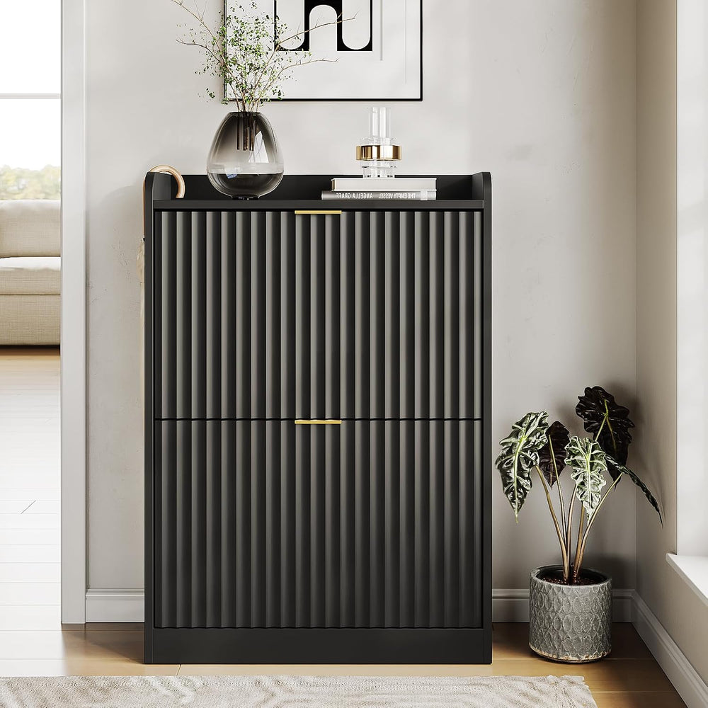 Black Fluted Shoe Cabinet, Narrow Entryway Storage Rack Organizer