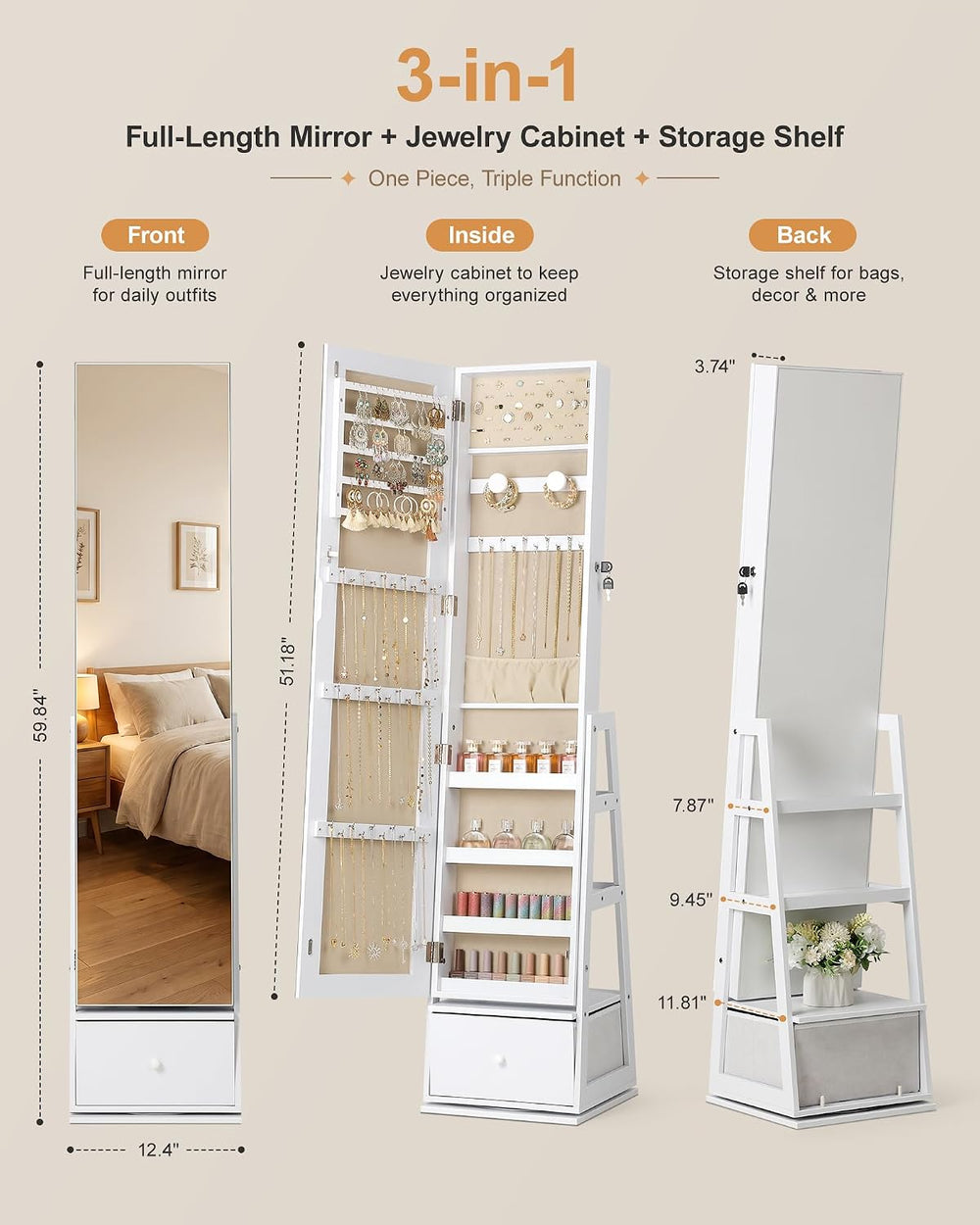 Nicetree 360°Swivel Large Jewelry Organizer,Full Length Mirror with Storage