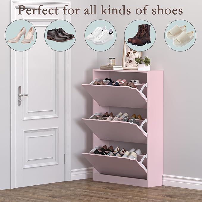 Shoe Cabinet with 3 Flip Drawers, Hidden Wood Shoe Cabinet, Freestanding Shoe