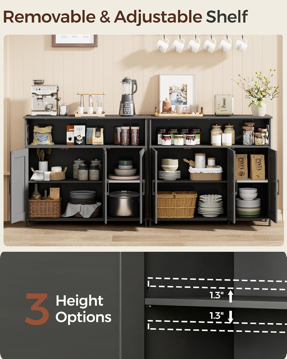 Farmhouse Coffee Bar Cabinet, Kitchen Storage Cabinet, Black