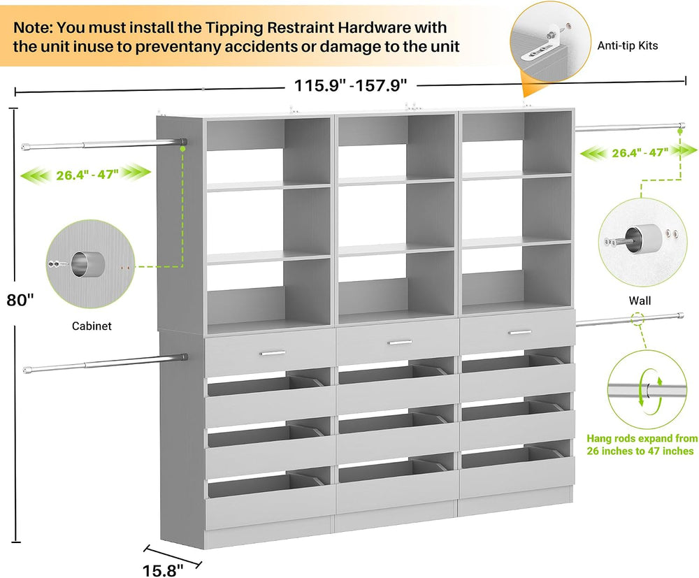 Aheaplus Closet System with 12 Drawers, 8.5-11.5Ft Closet Organizer System