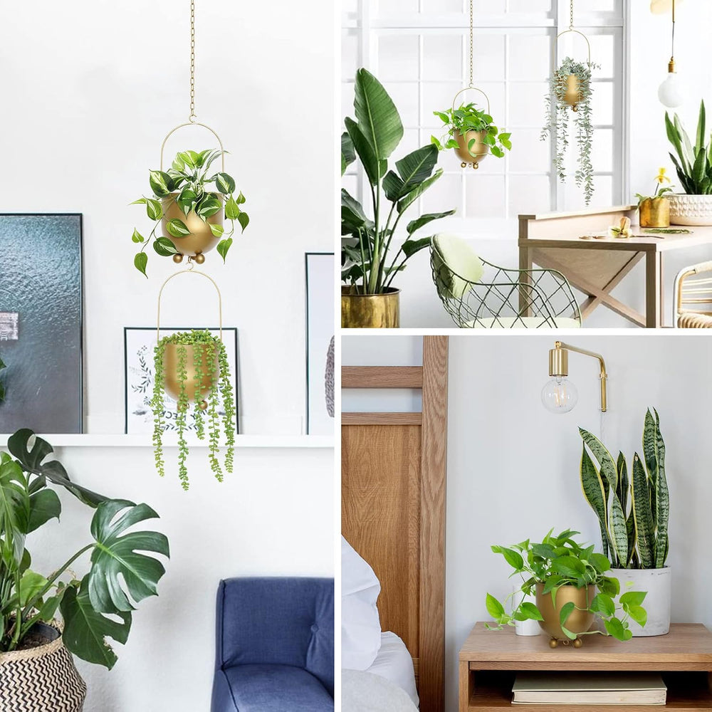 Boho Gold Metal Hanging Planters, Set of 2 with Hooks & Chains - Versatil...