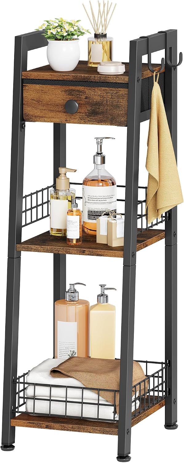 Narrow Bathroom Ladder Shelf with Drawer, 3-Tier, Rustic Brown