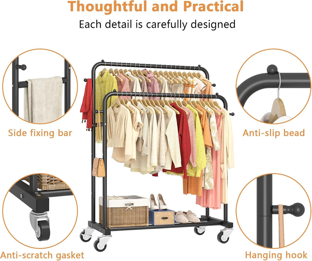 Laiensia Double Rods Garment Rack with Wheels, Clothing Rack for Hanging Clot...
