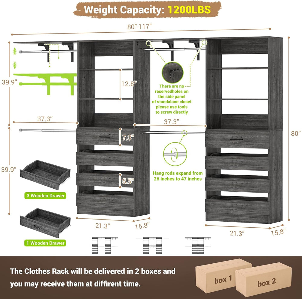 Aheaplus Closet System, Wood Closet Organizer System with 8 Drawers &4 Rods