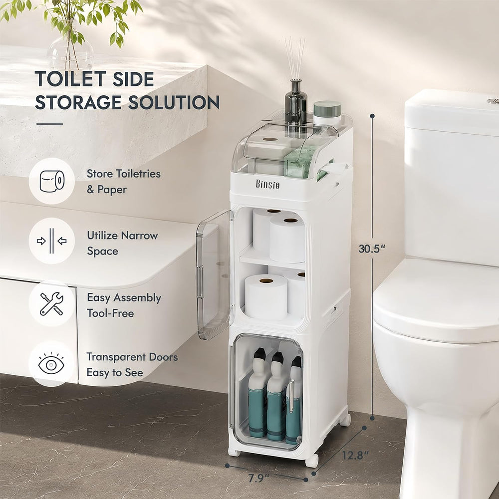 BINSIO 3-Tier Slim Bathroom Storage Cabinet, Rolling Toilet Paper Storage Cab...