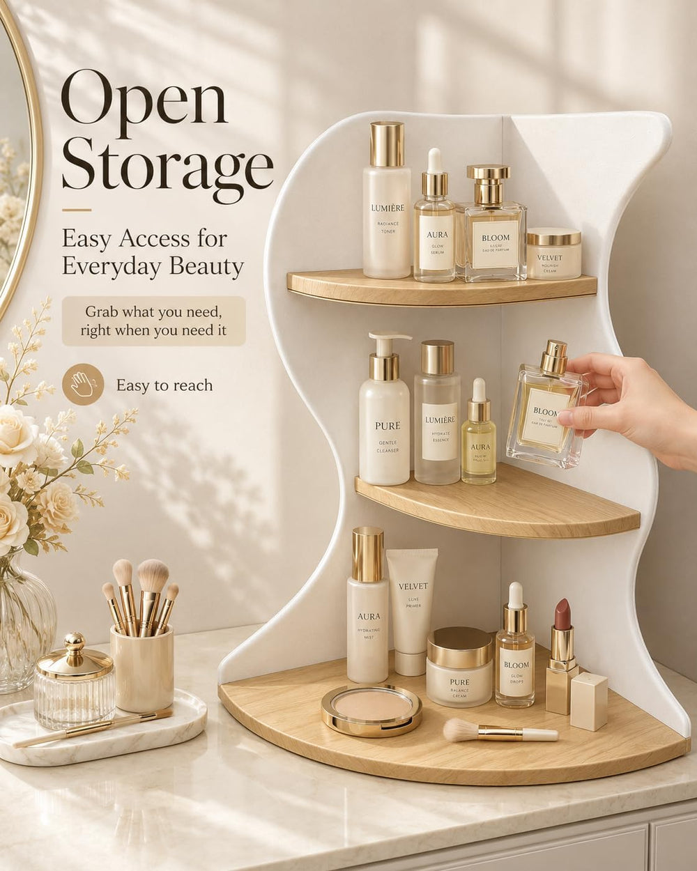 Makeup Organizer Corner Shelf, 3 Tier Vanity Rack, Space Saving Stand